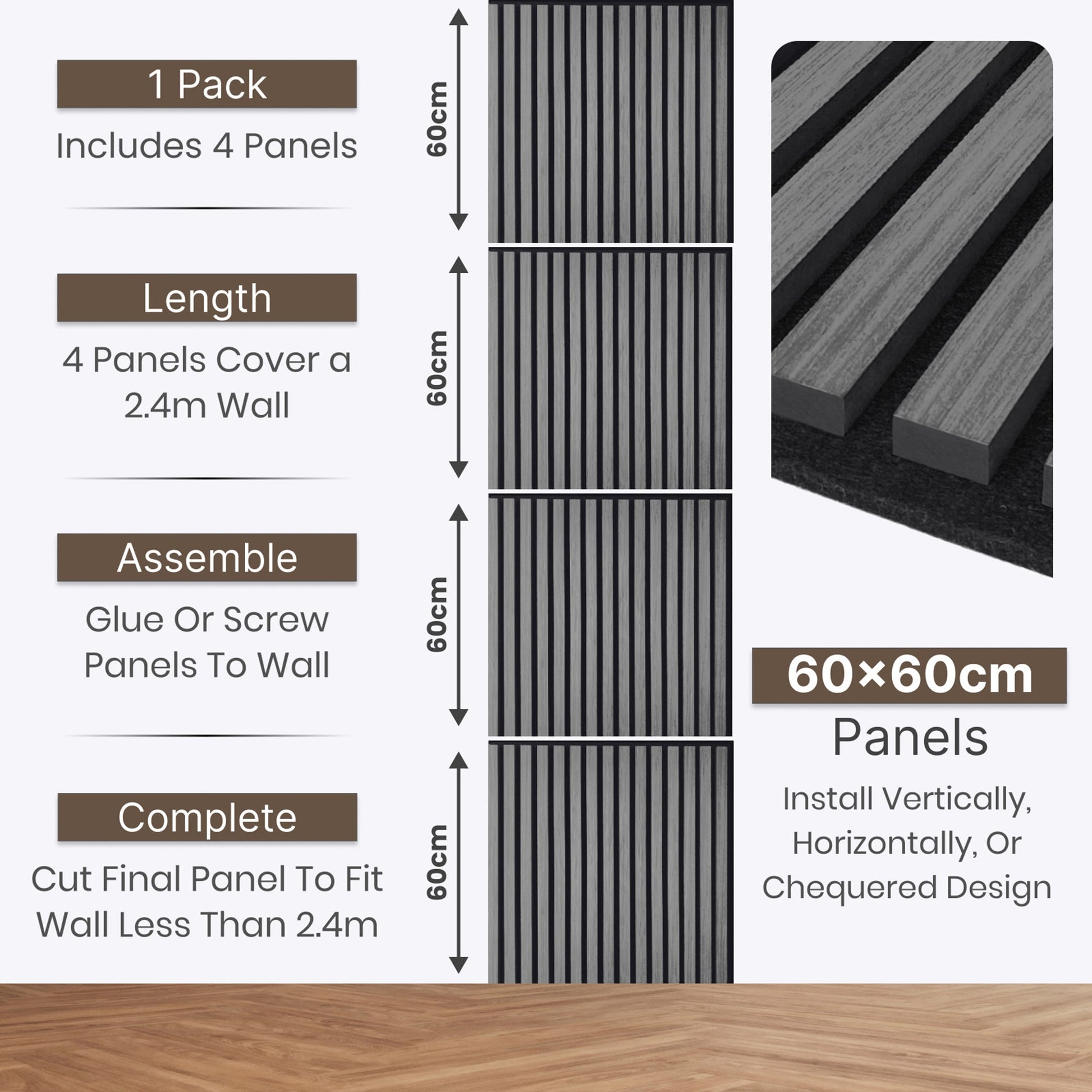 Acoustic Square Wall Panels 60 x 60cm (SET of 4) - Charcoal Black