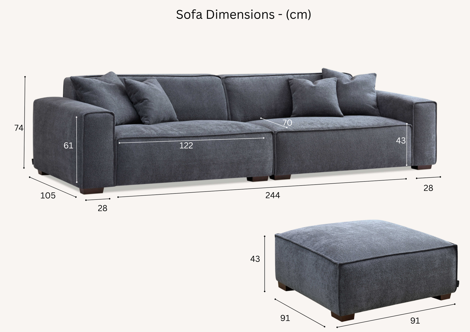 Dakota 4 seater sofa with Chaise in Midnight Boucle
