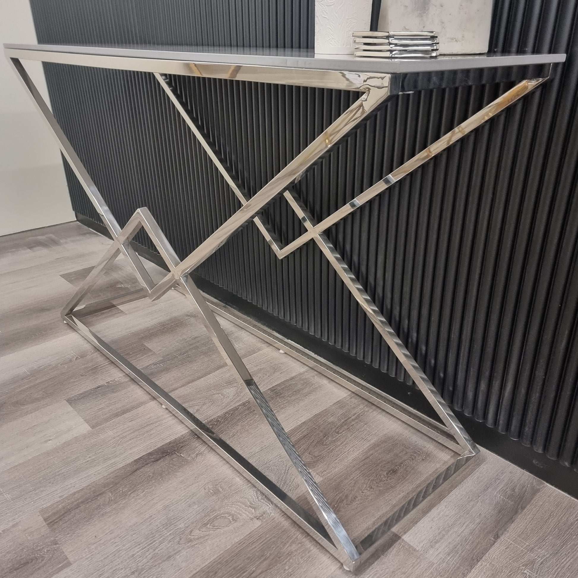 Airi Chrome Console Table with Stomach Ash Sintered Stone Top