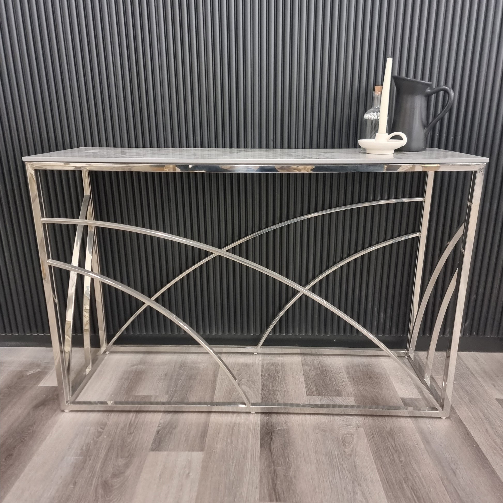 Arisa Chrome Console Table with Stomach Ash Grey Sintered Top