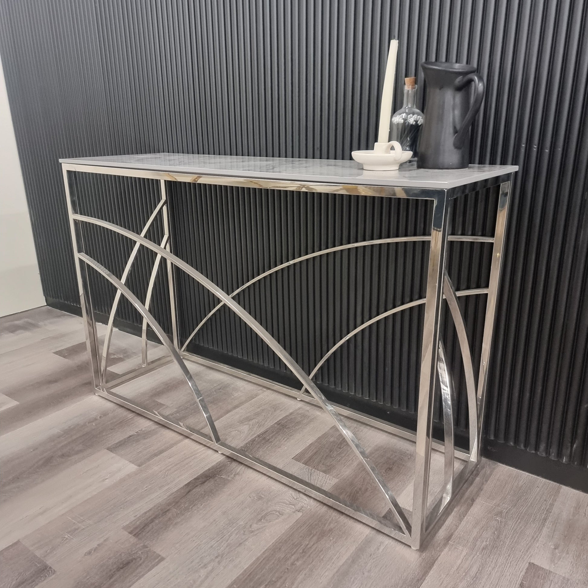 Arisa Chrome Console Table with Stomach Ash Grey Sintered Top