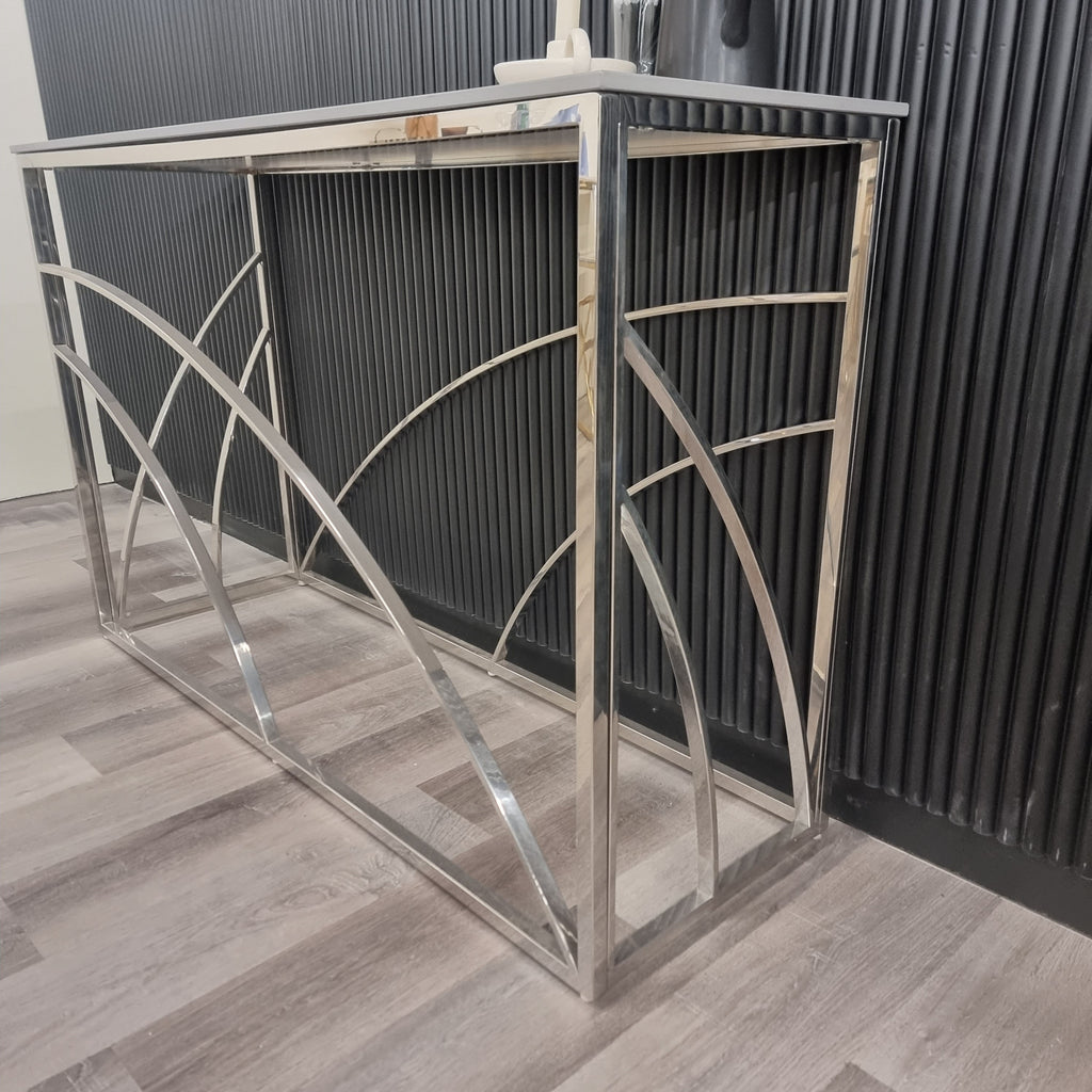 Arisa Chrome Console Table with Stomach Ash Grey Sintered Top