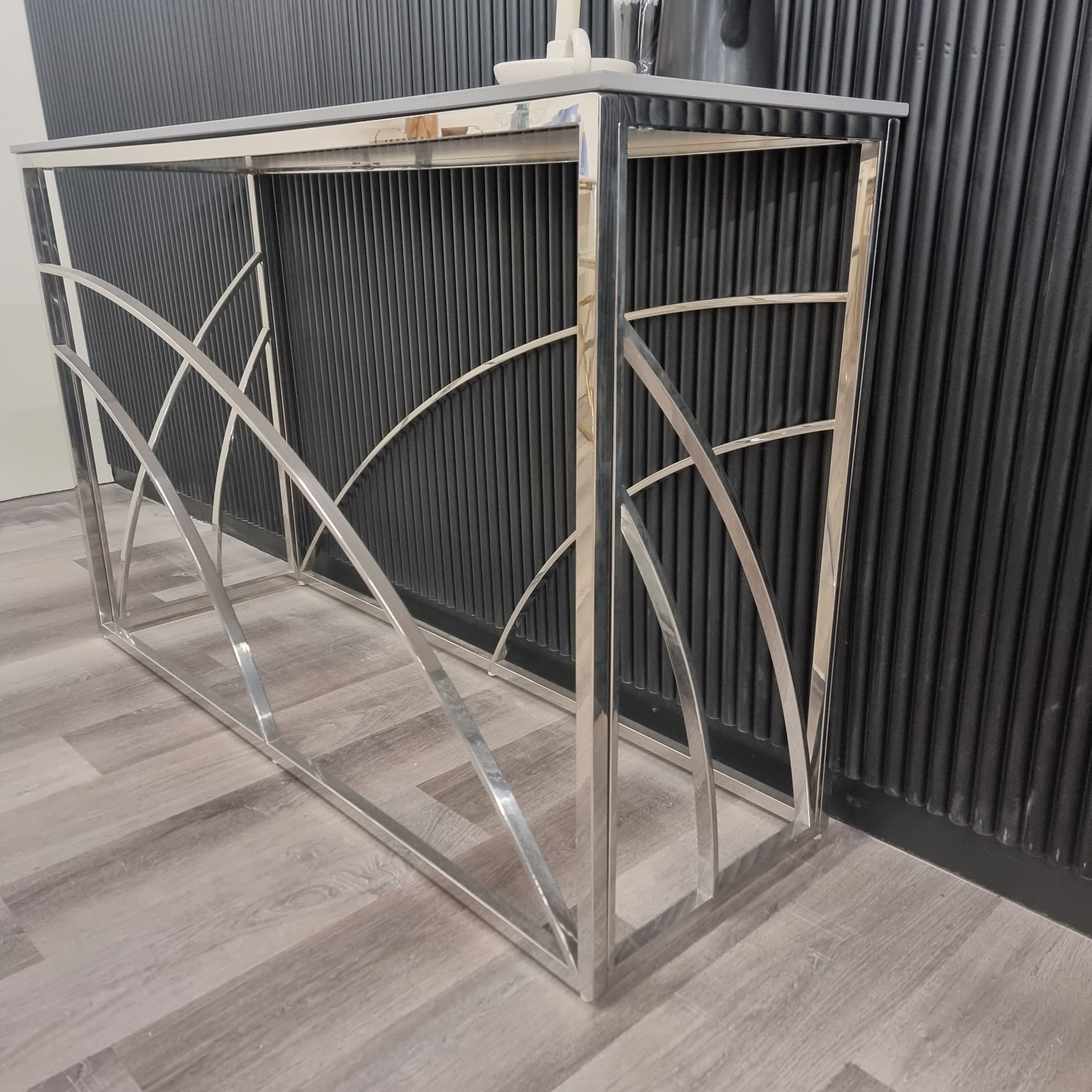 Arisa Chrome Console Table with Stomach Ash Grey Sintered Top