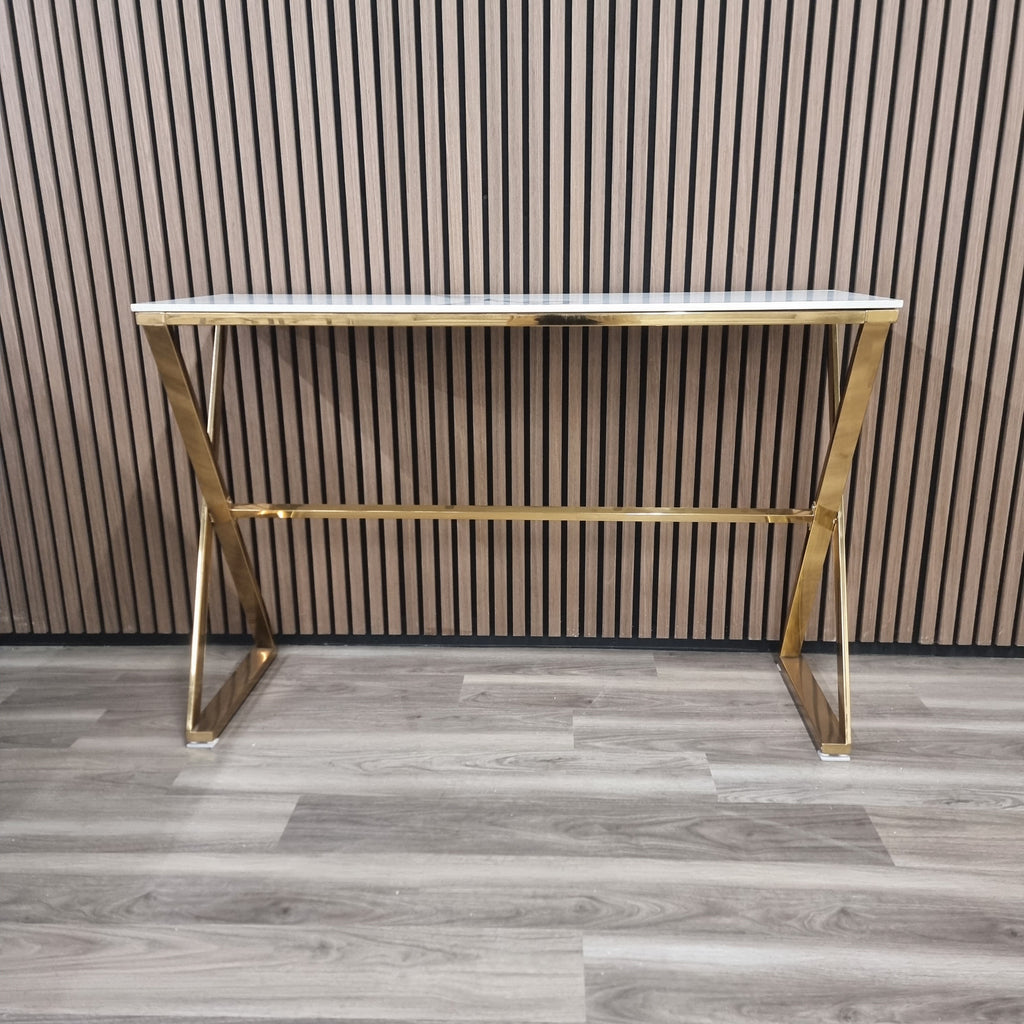 Jiro Gold Console Table with Polar White Sintered Top