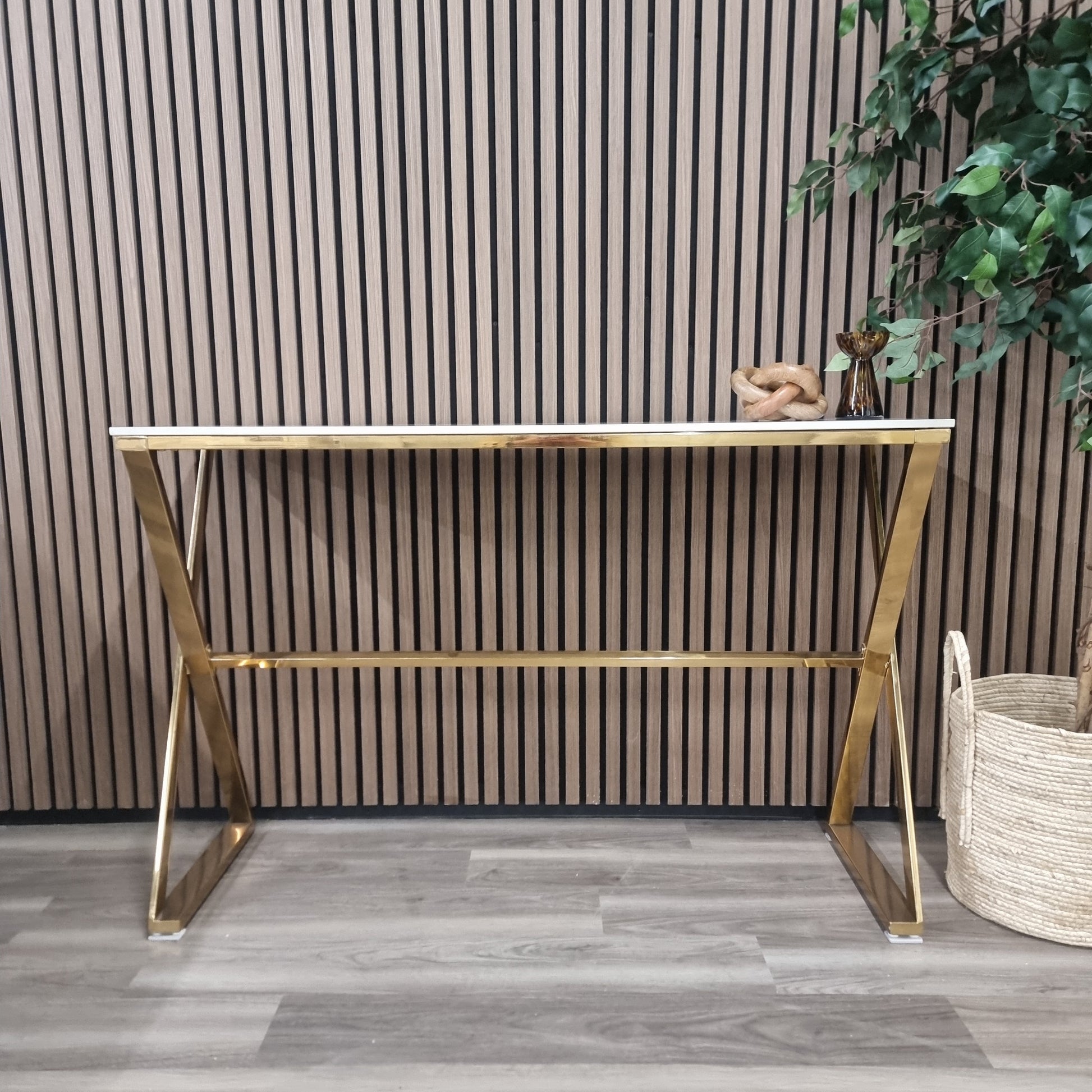 Jiro Gold Console Table with Polar White Sintered Top