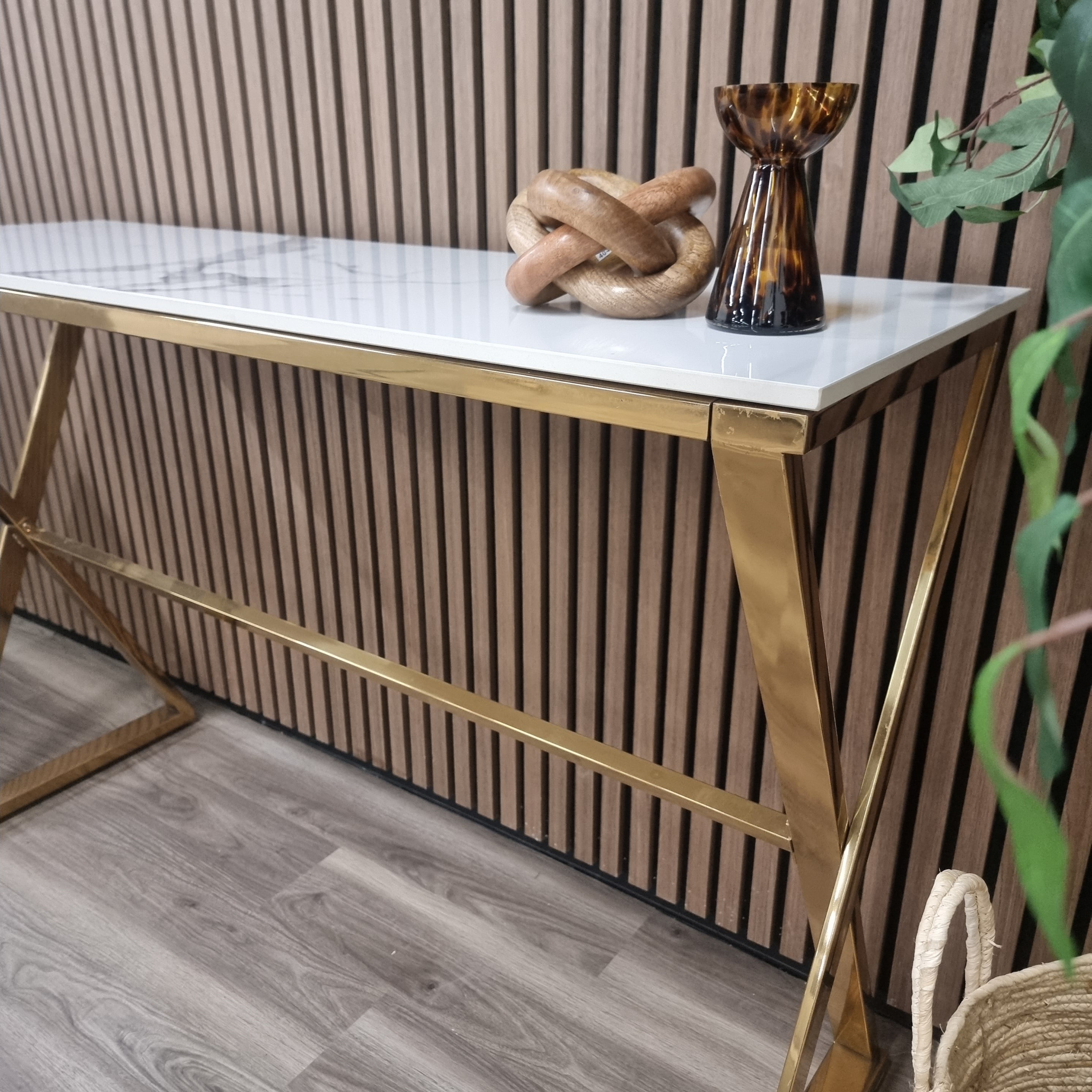 Jiro Gold Console Table with Polar White Sintered Top – Discount Media ...