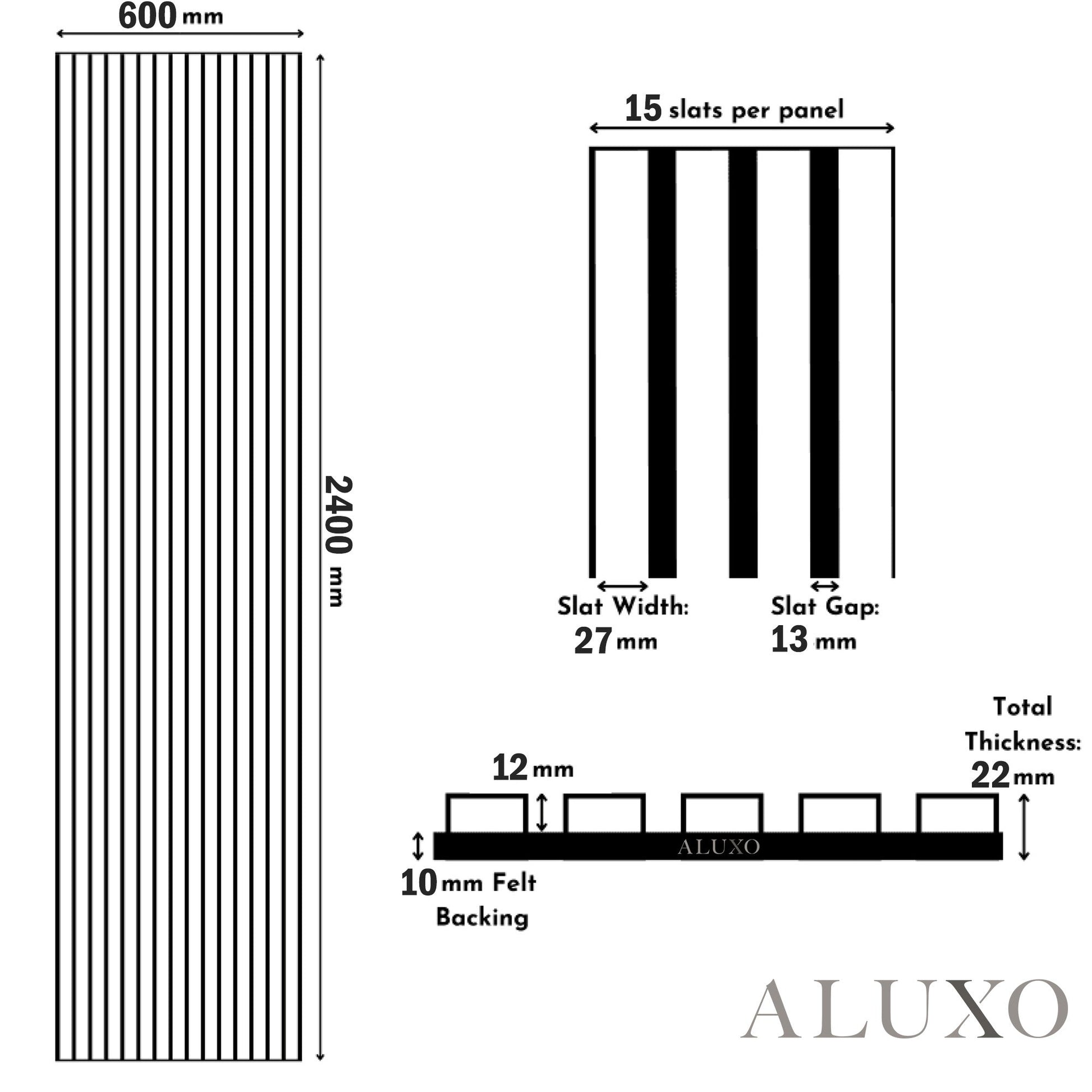 Deluxe Acoustic Slatted Wall Panels 240 x 60cm - Charcoal Black