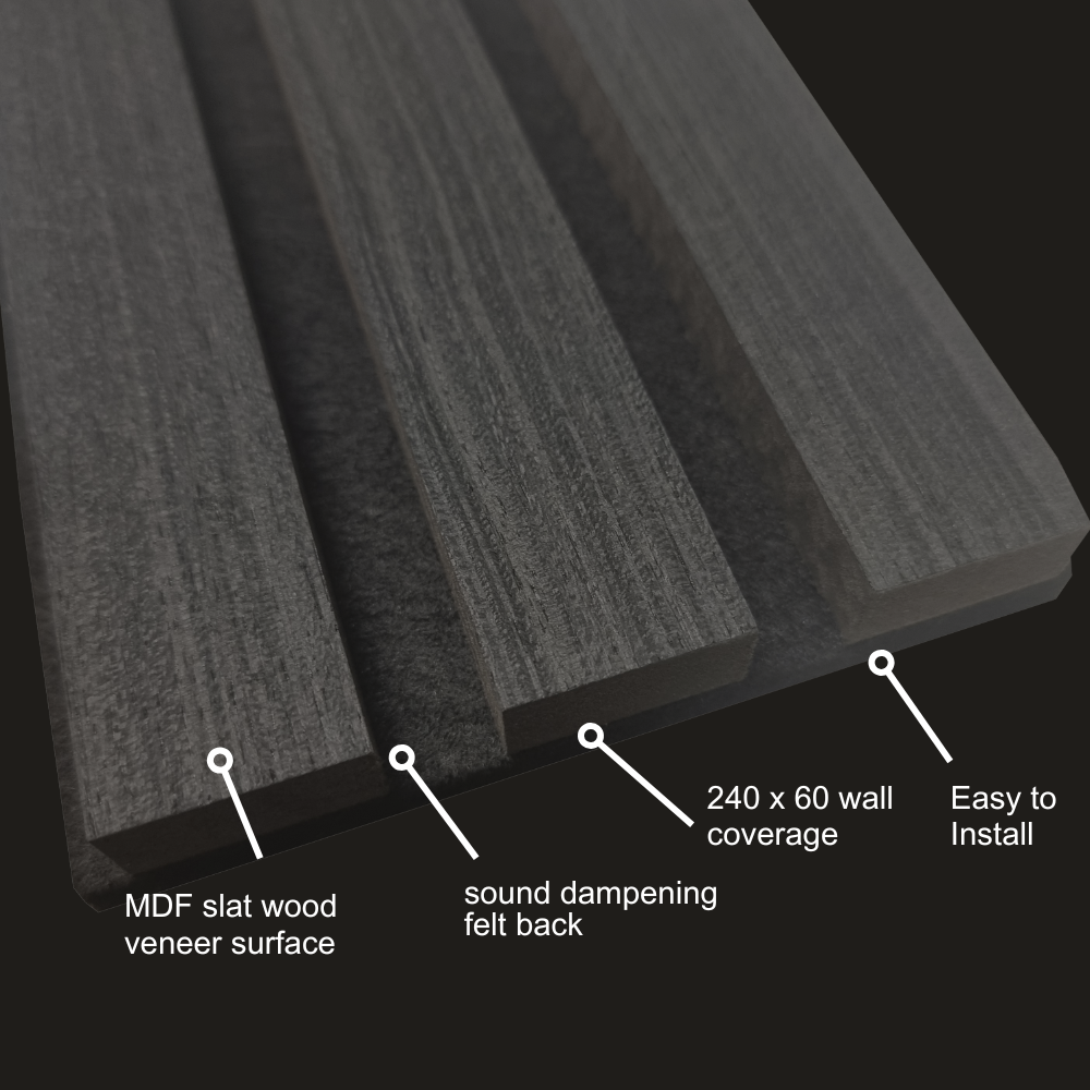 Deluxe Acoustic Slatted Wall Panels 240 x 60cm - Charcoal Black