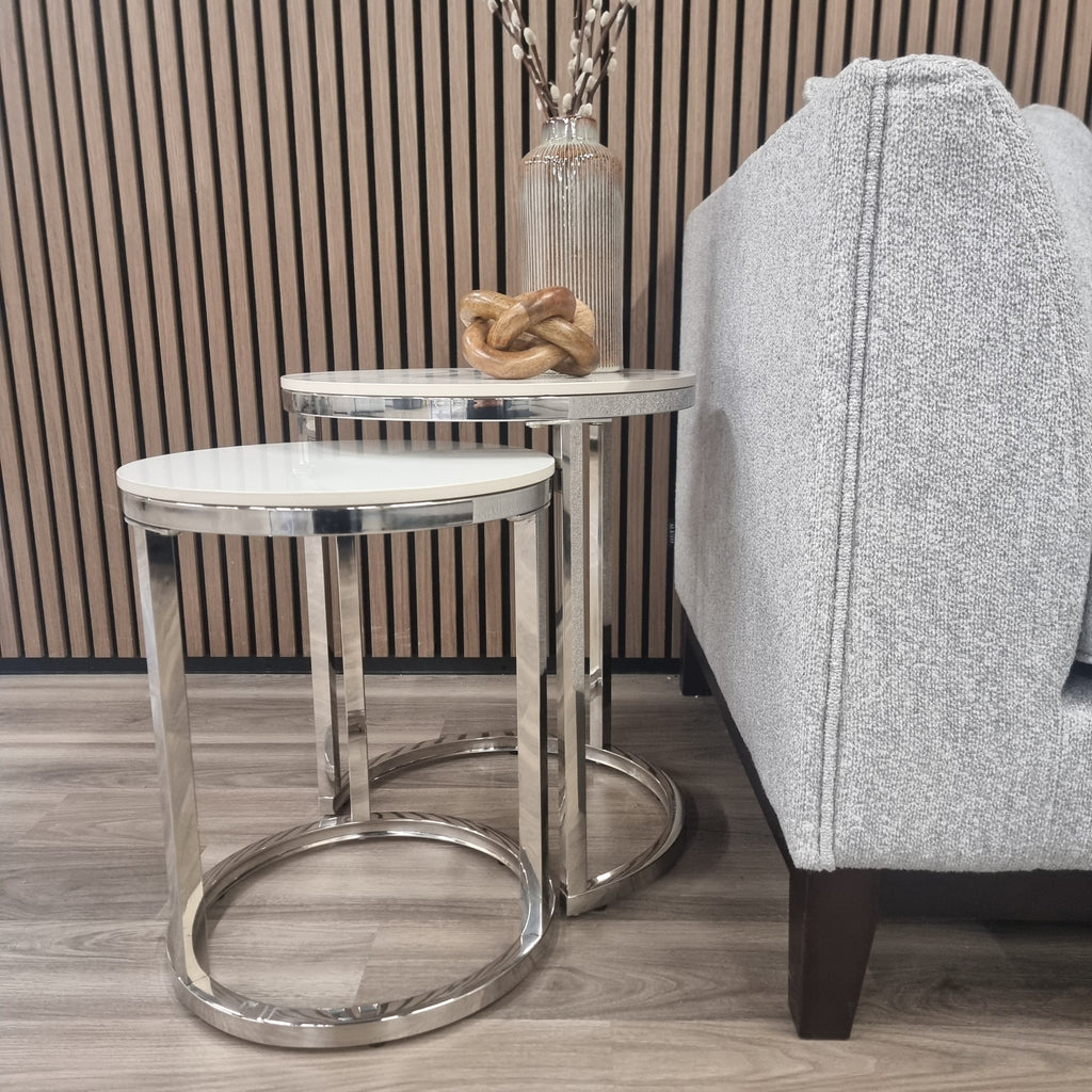 Kaito Nest of 2 Tall Silver End Tables with Polar White Sintered Stone Top