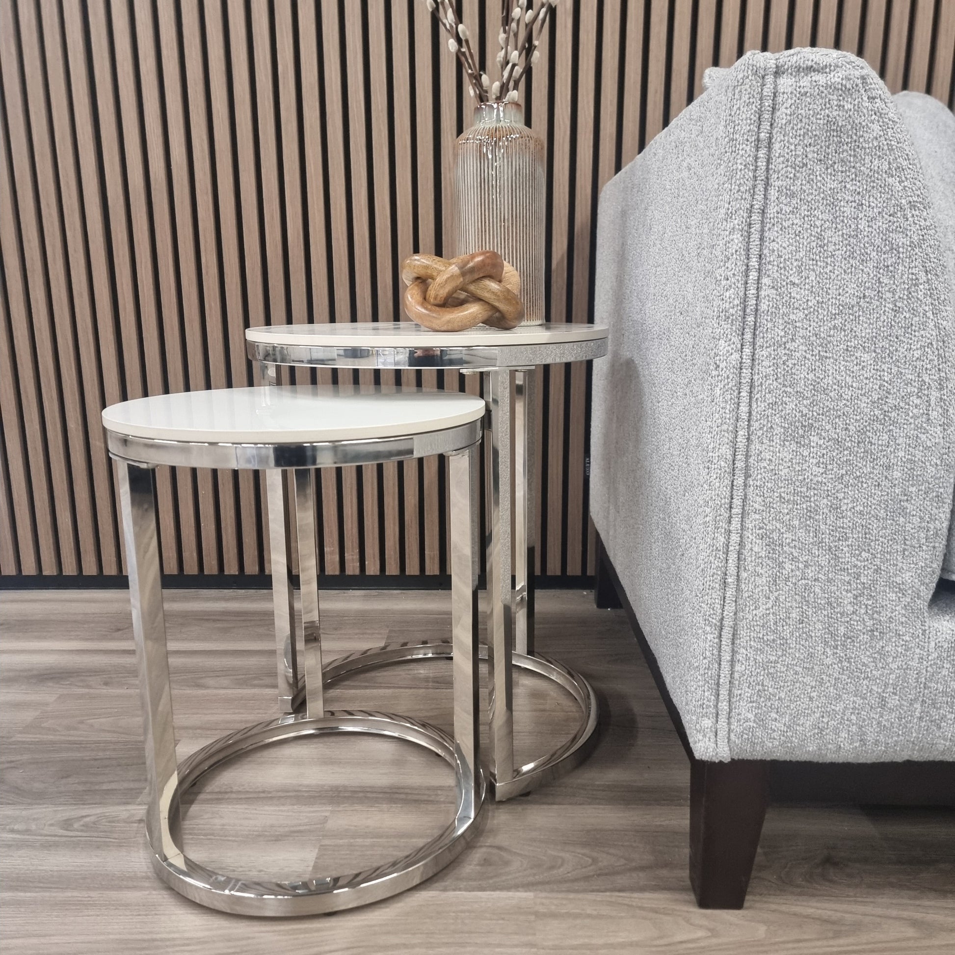 Kaito Nest of 2 Tall Silver End Tables with Polar White Sintered Stone Top