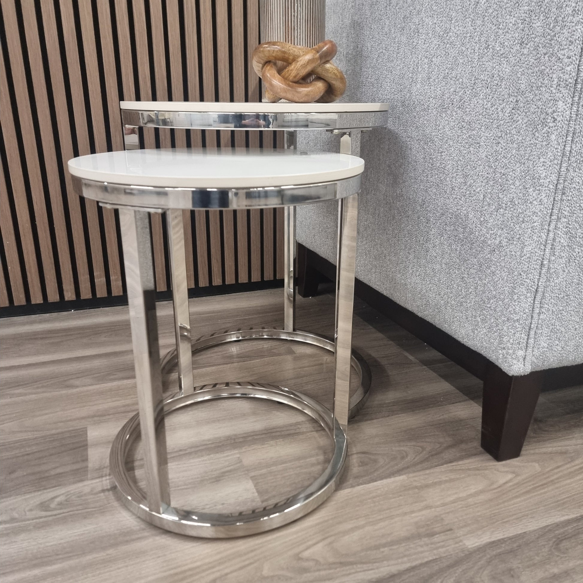 Kaito Nest of 2 Tall Silver End Tables with Polar White Sintered Stone Top