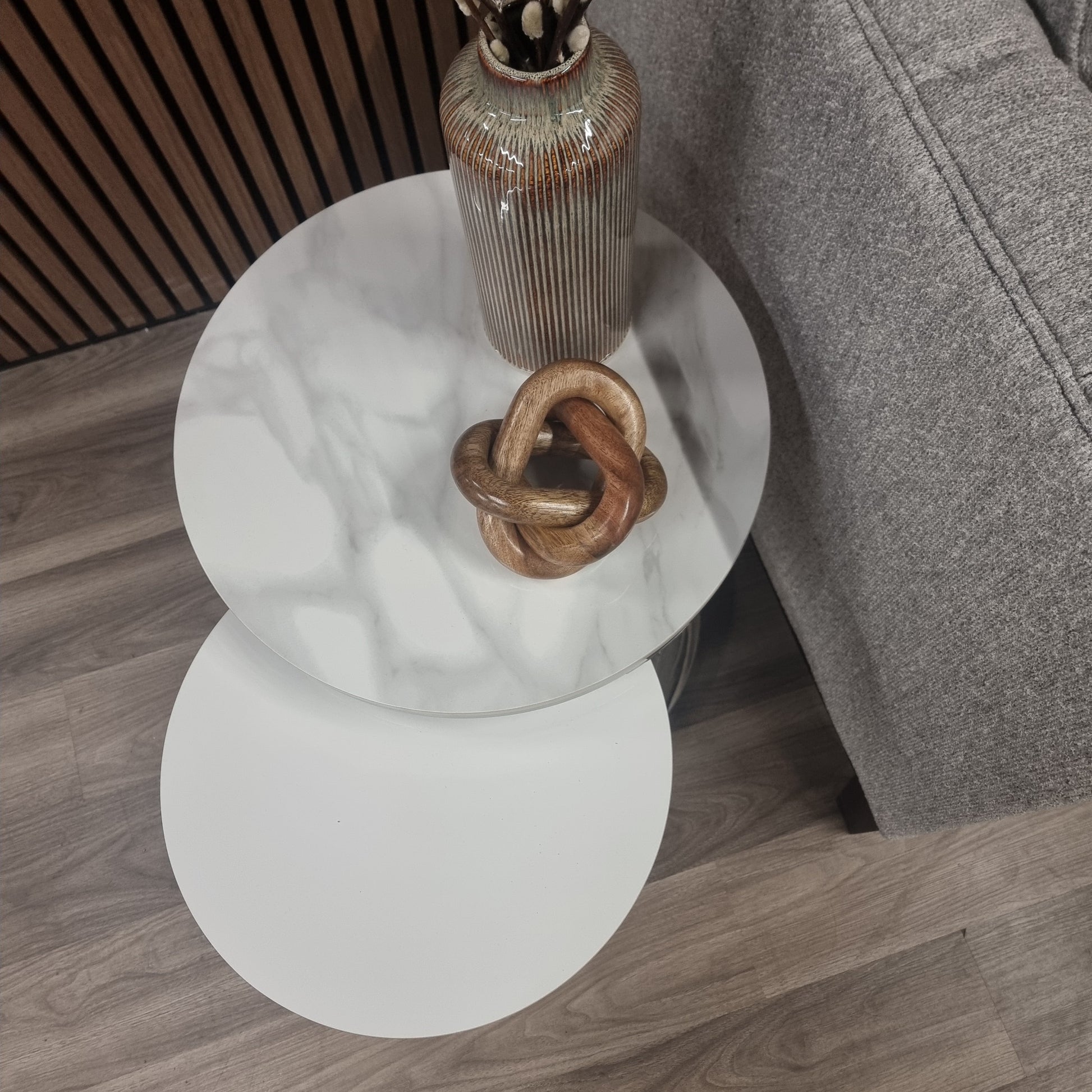 Kaito Nest of 2 Tall Silver End Tables with Polar White Sintered Stone Top